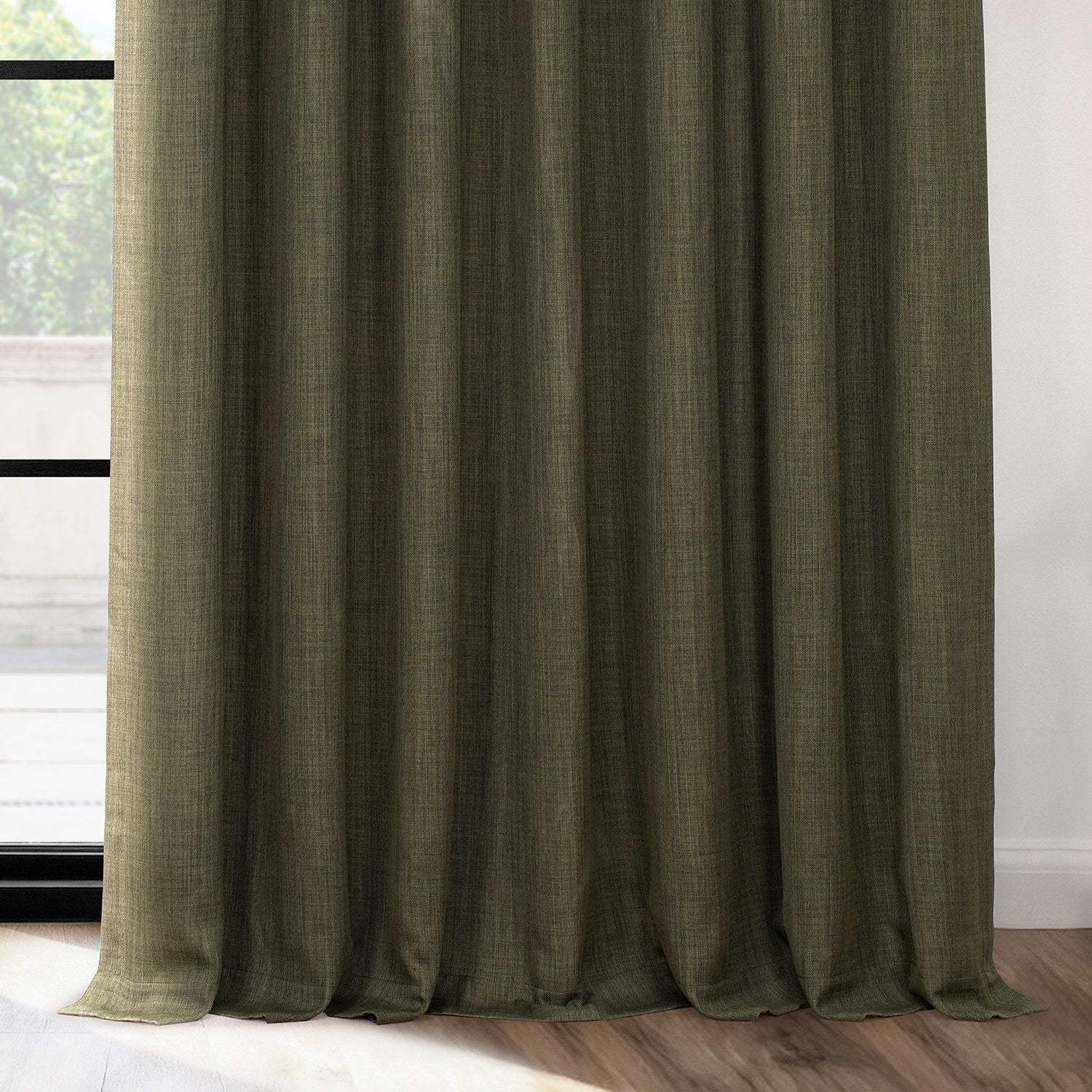Khaki Green Extra Wide Textured Faux Linen Room Darkening Curtain