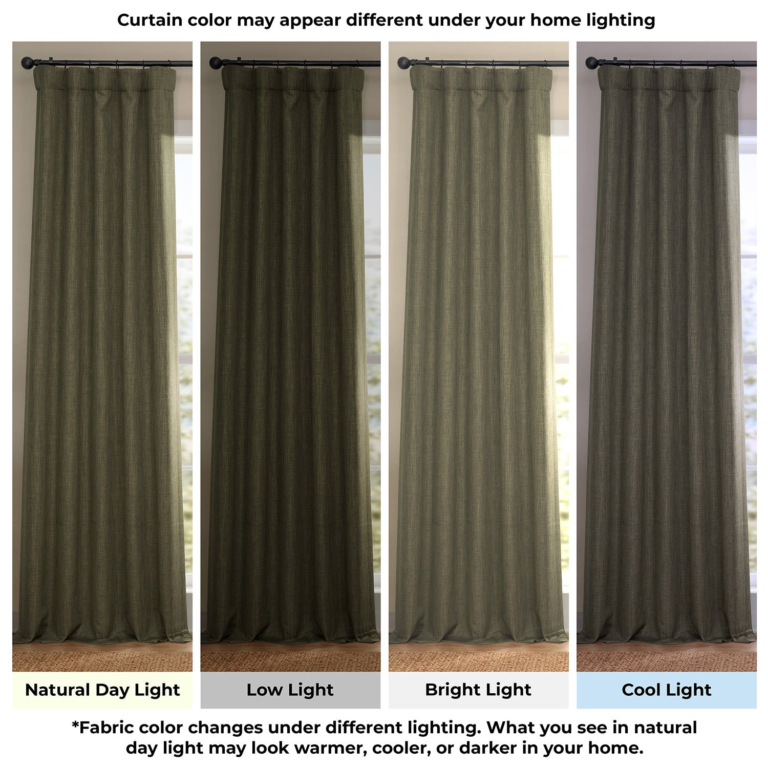 Khaki Green Extra Wide Textured Faux Linen Room Darkening Curtain