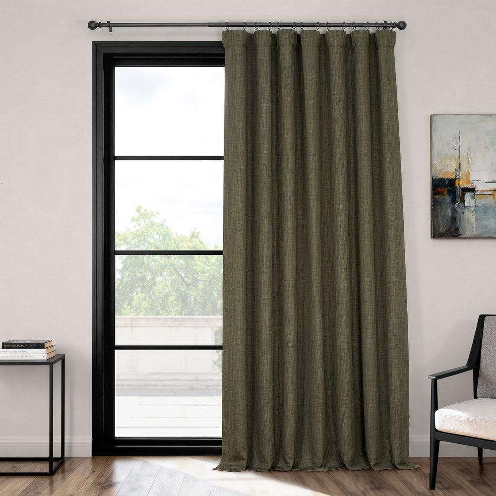 Khaki Green Extra Wide Textured Faux Linen Room Darkening Curtain