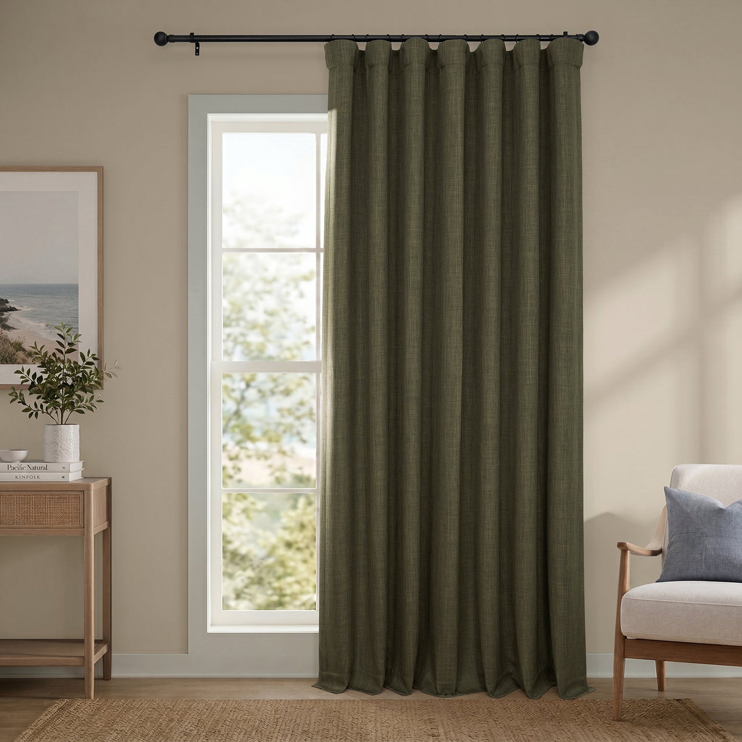 Khaki Green Extra Wide Textured Faux Linen Room Darkening Curtain