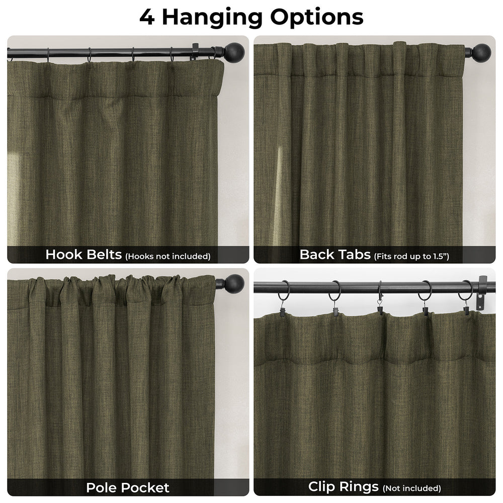 Khaki Green Extra Wide Textured Faux Linen Room Darkening Curtain
