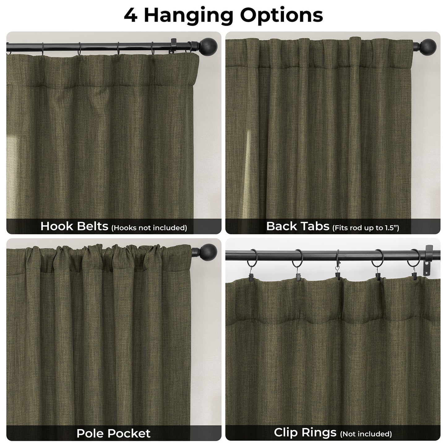 Khaki Green Extra Wide Textured Faux Linen Room Darkening Curtain