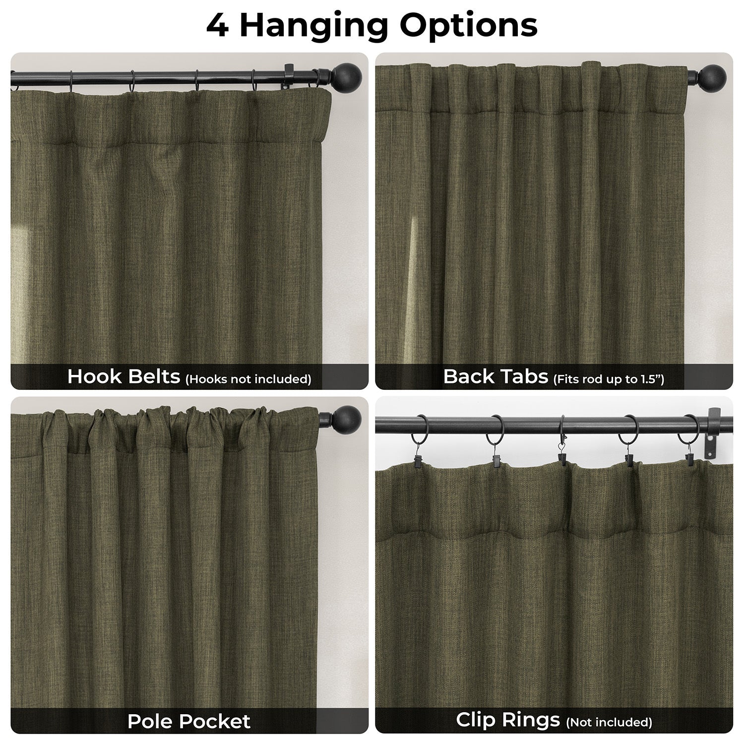 Khaki Green Extra Wide Textured Faux Linen Room Darkening Curtain