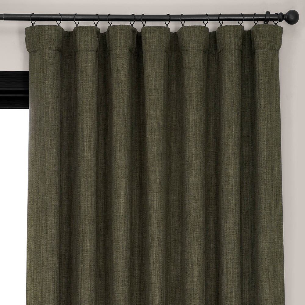 Khaki Green Extra Wide Textured Faux Linen Room Darkening Curtain