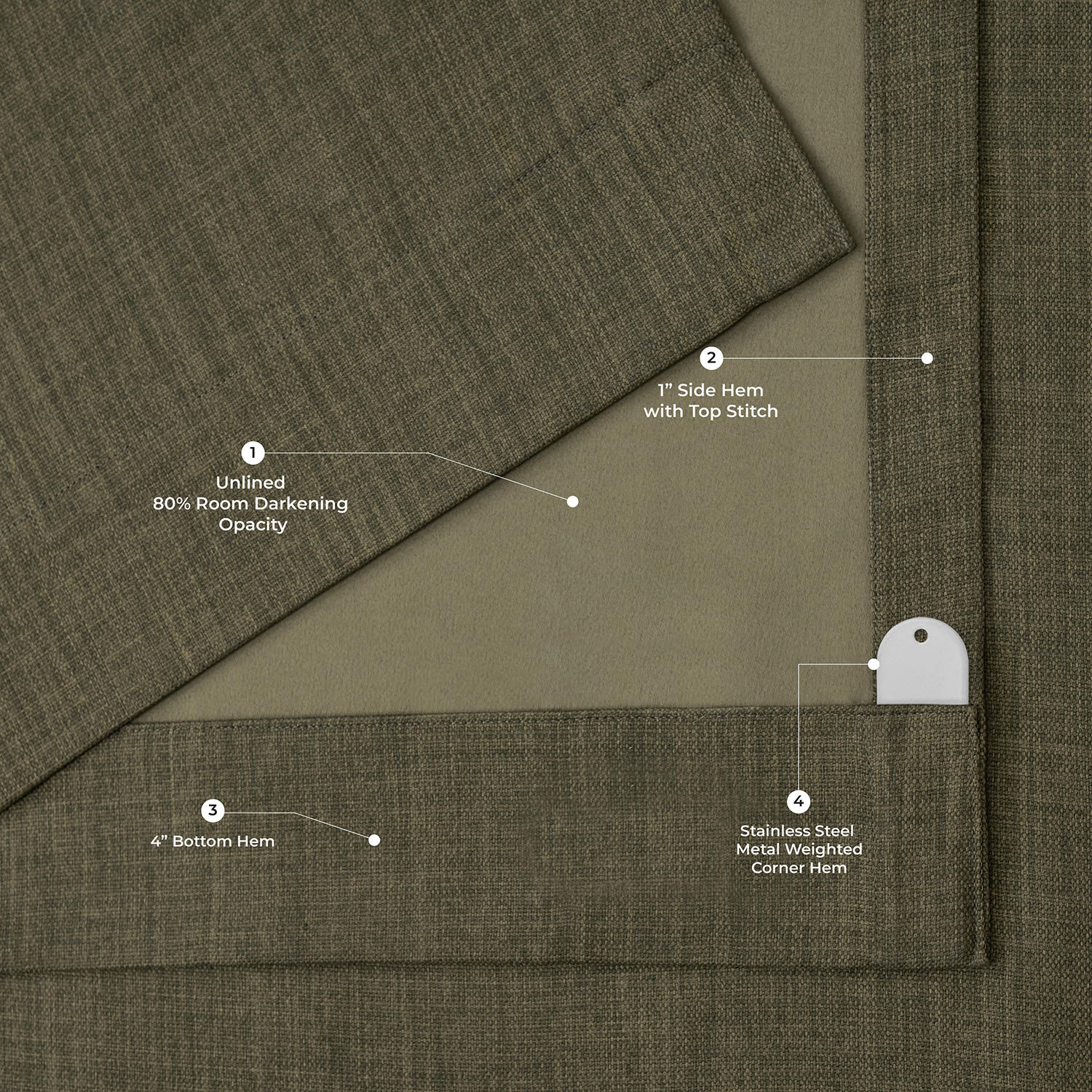 Khaki Green Extra Wide Textured Faux Linen Room Darkening Curtain