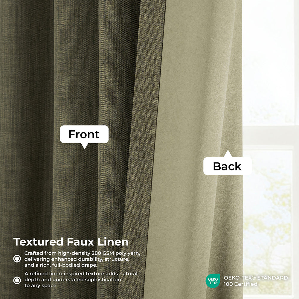 Khaki Green Pinch Pleat Textured Faux Linen Room Darkening Curtain