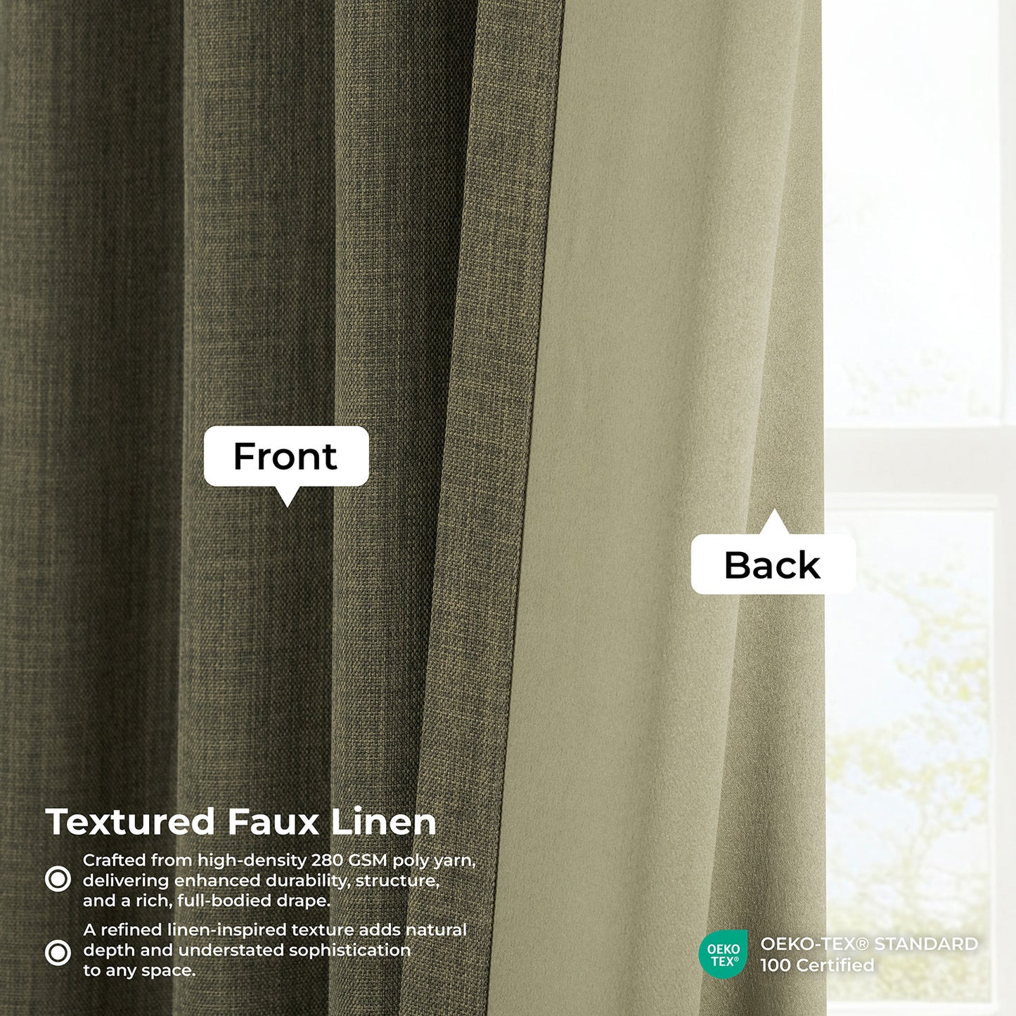 Khaki Green Pinch Pleat Textured Faux Linen Room Darkening Curtain