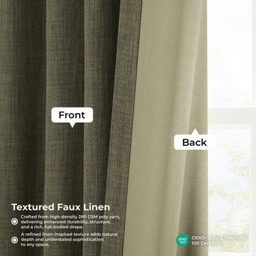 Khaki Green Pinch Pleat Textured Faux Linen Room Darkening Curtain