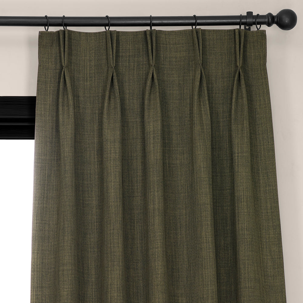 Khaki Green French Pleat Textured Faux Linen Room Darkening Curtain