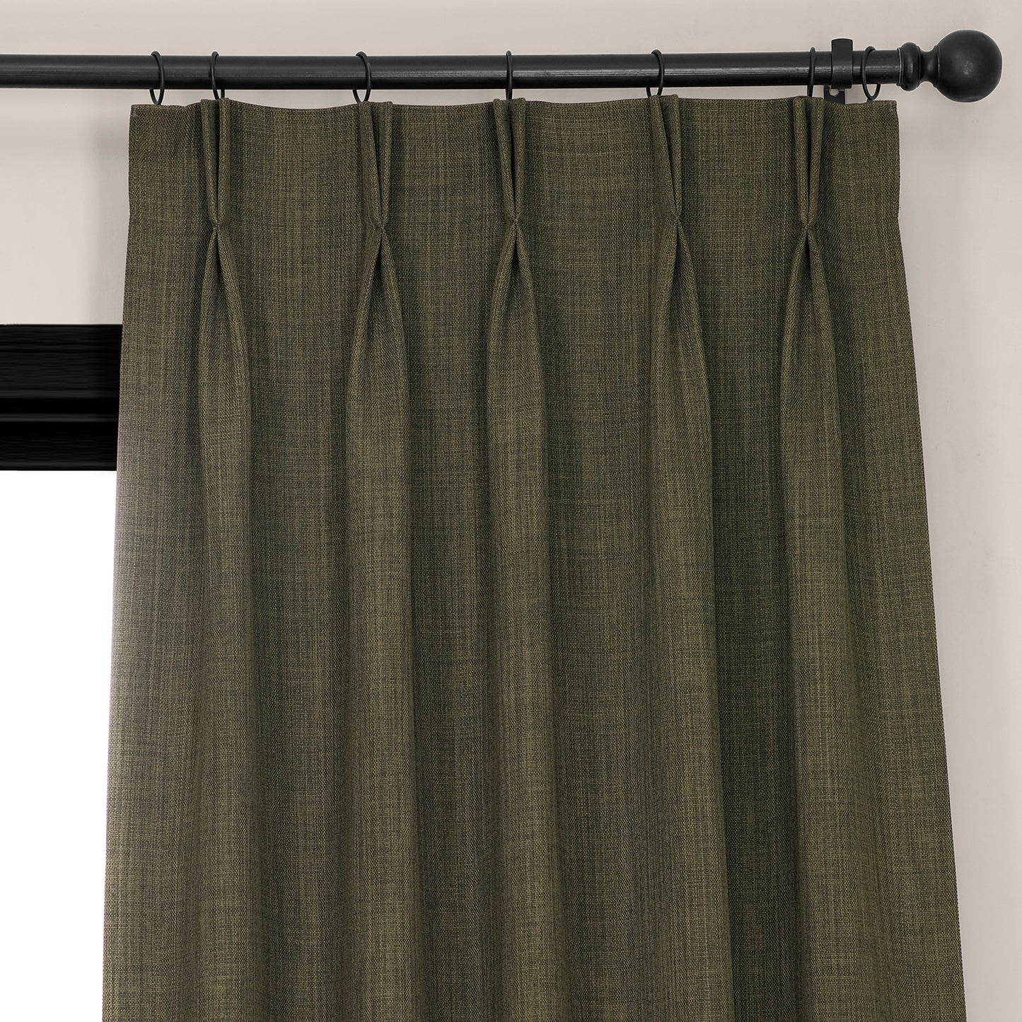 Khaki Green French Pleat Textured Faux Linen Room Darkening Curtain