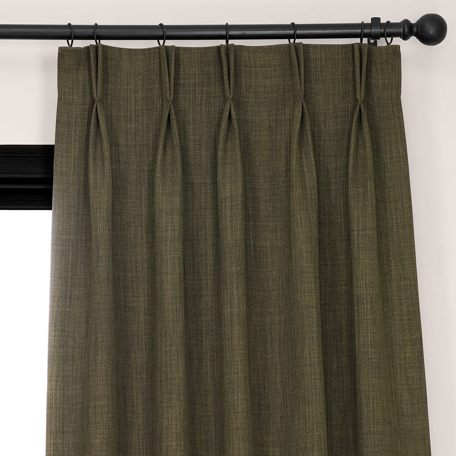 Khaki Green French Pleat Textured Faux Linen Room Darkening Curtain