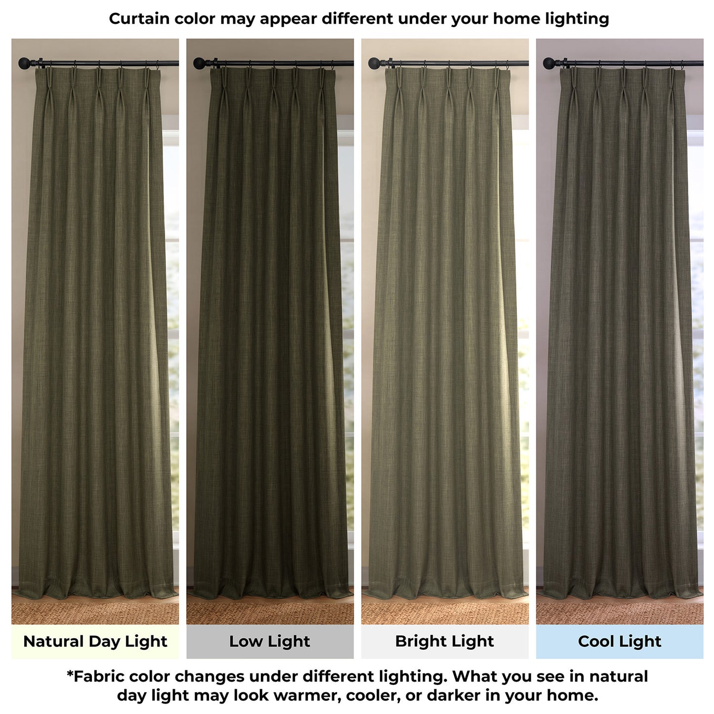 Khaki Green Pinch Pleat Textured Faux Linen Room Darkening Curtain