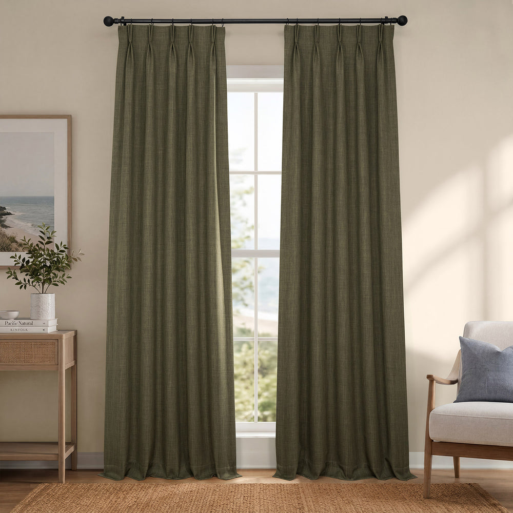 Khaki Green Pinch Pleat Textured Faux Linen Room Darkening Curtain
