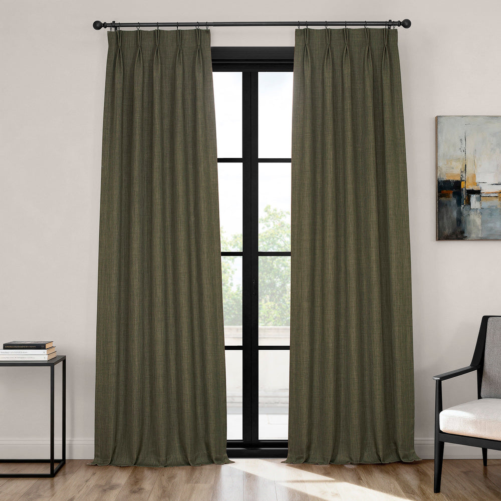Khaki Green French Pleat Textured Faux Linen Room Darkening Curtain