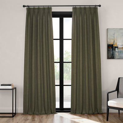 Khaki Green French Pleat Textured Faux Linen Room Darkening Curtain