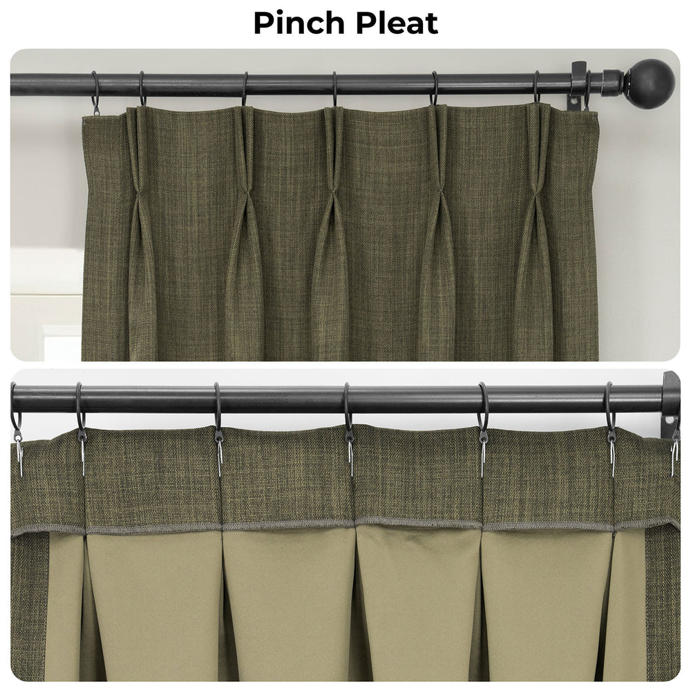 Khaki Green Pinch Pleat Textured Faux Linen Room Darkening Curtain