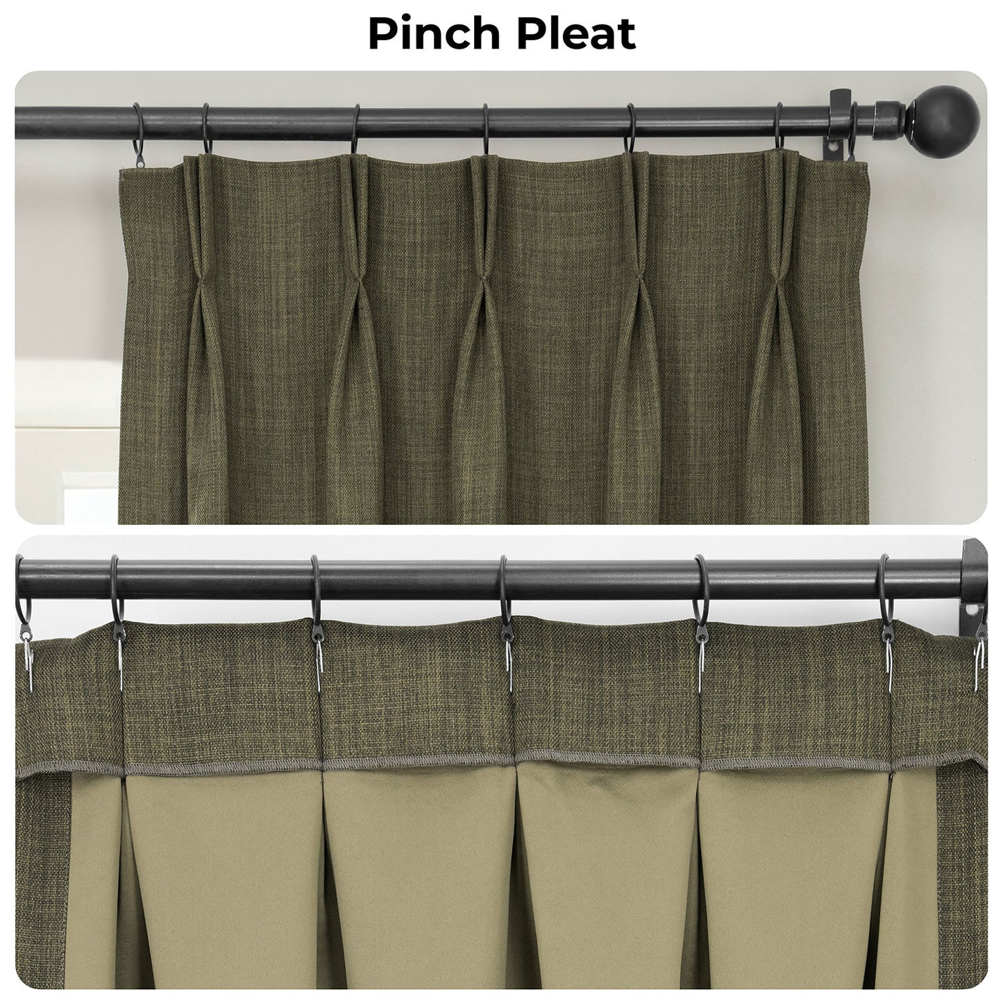 Khaki Green Pinch Pleat Textured Faux Linen Room Darkening Curtain