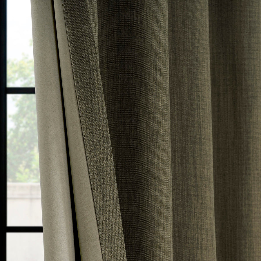 Khaki Green Textured Faux Linen Room Darkening Curtain