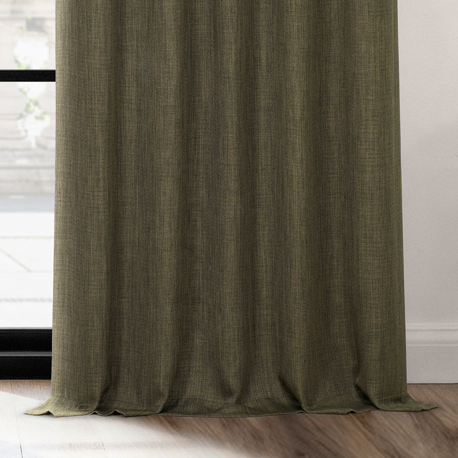 Khaki Green Grommet Textured Faux Linen Room Darkening Curtain