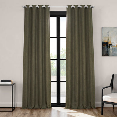 Khaki Green Grommet Textured Faux Linen Room Darkening Curtain