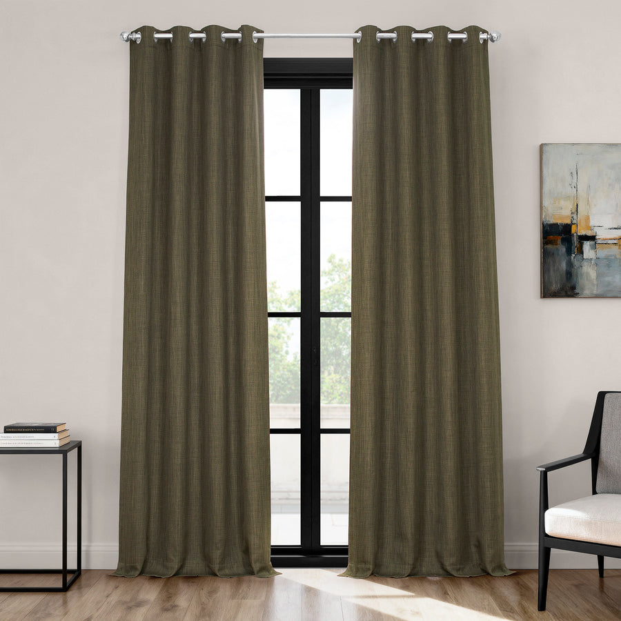 Khaki Green Grommet Textured Faux Linen Room Darkening Curtain