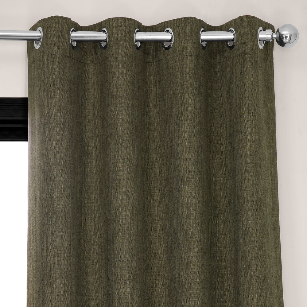 Khaki Green Grommet Textured Faux Linen Room Darkening Curtain