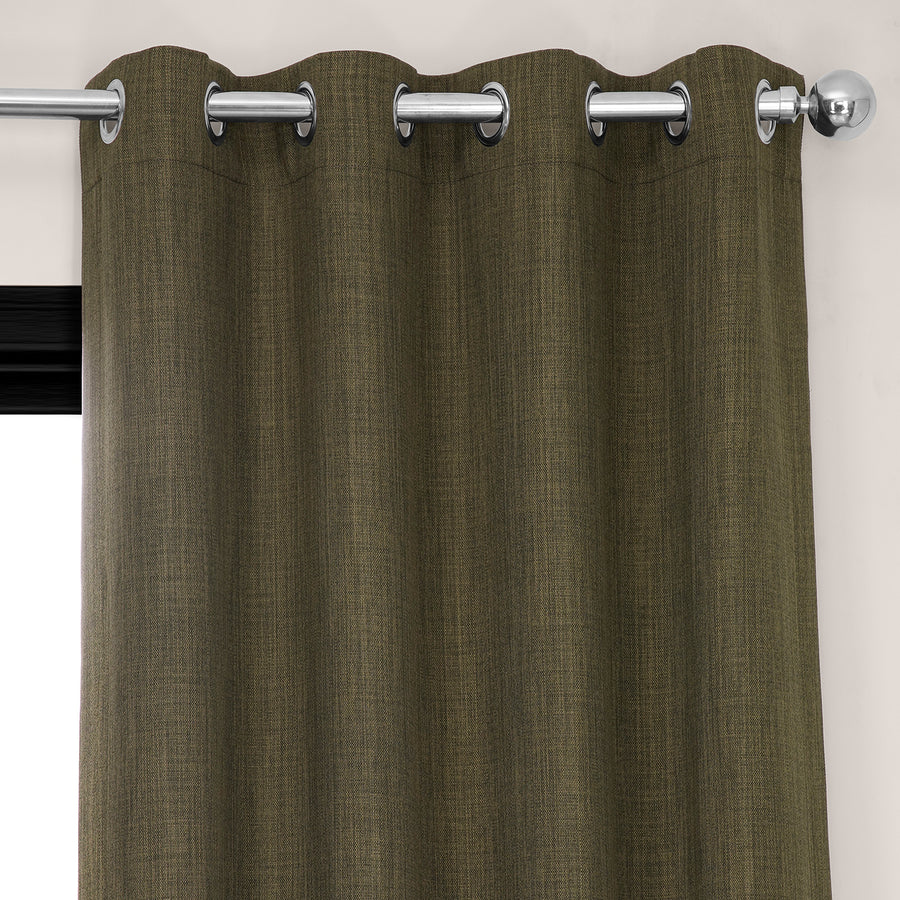 Khaki Green Grommet Textured Faux Linen Room Darkening Curtain