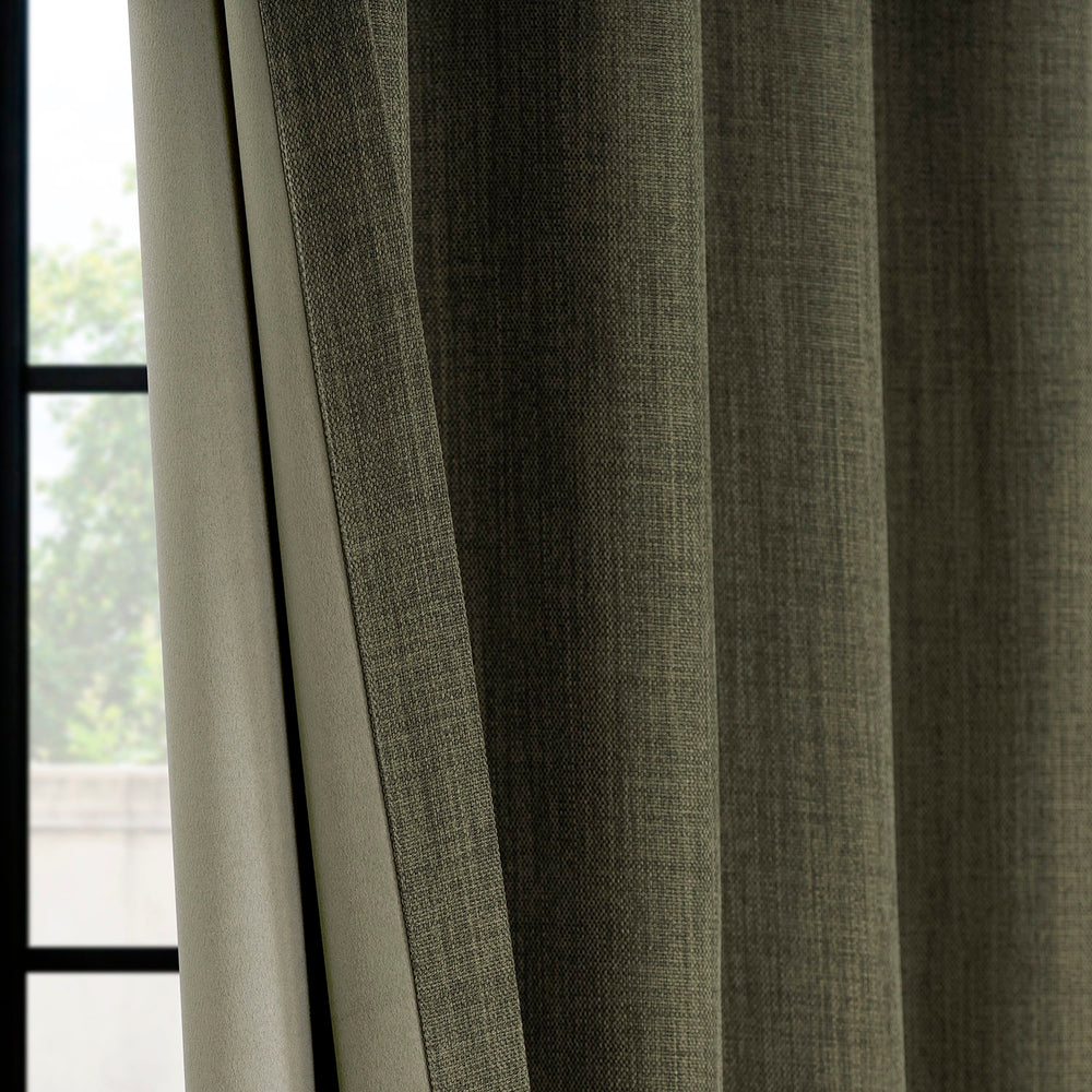 Khaki Green French Pleat Textured Faux Linen Room Darkening Curtain