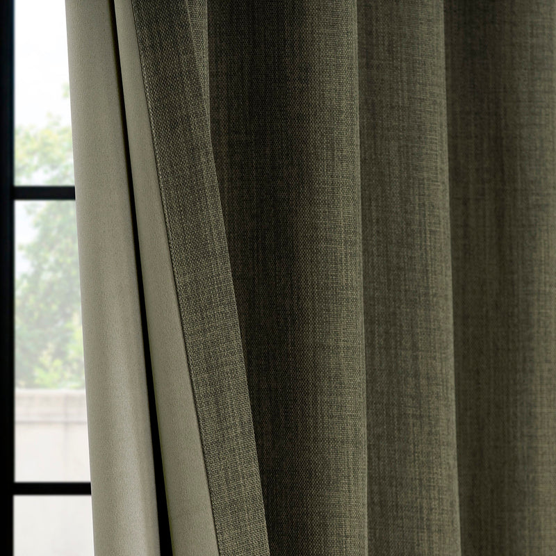 Khaki Green French Pleat Textured Faux Linen Room Darkening Curtain