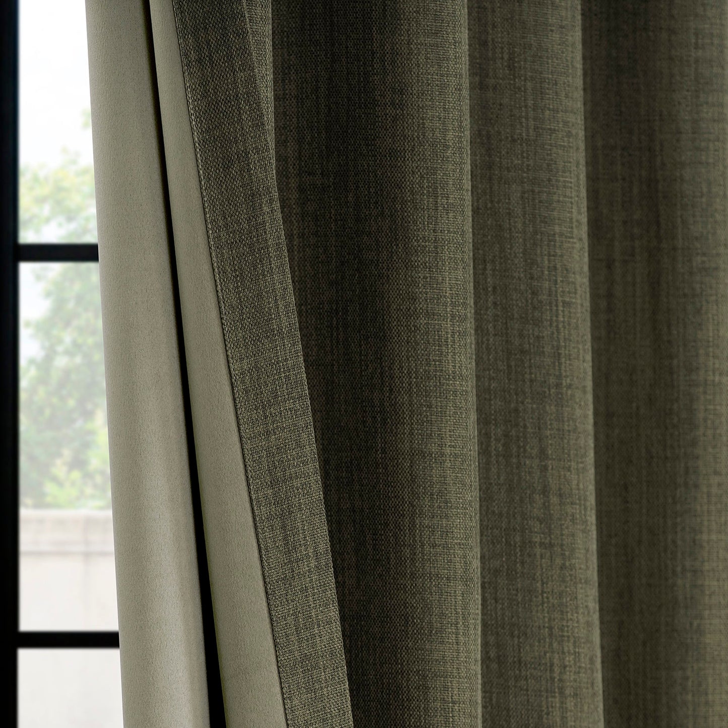 Khaki Green Grommet Textured Faux Linen Room Darkening Curtain
