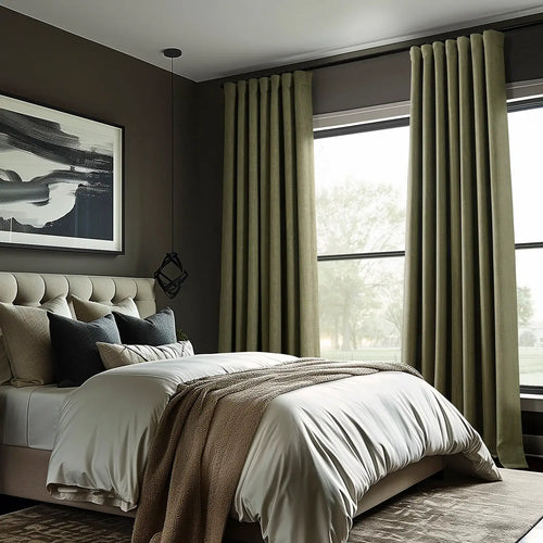 Khaki Green Textured Faux Linen Custom Curtain