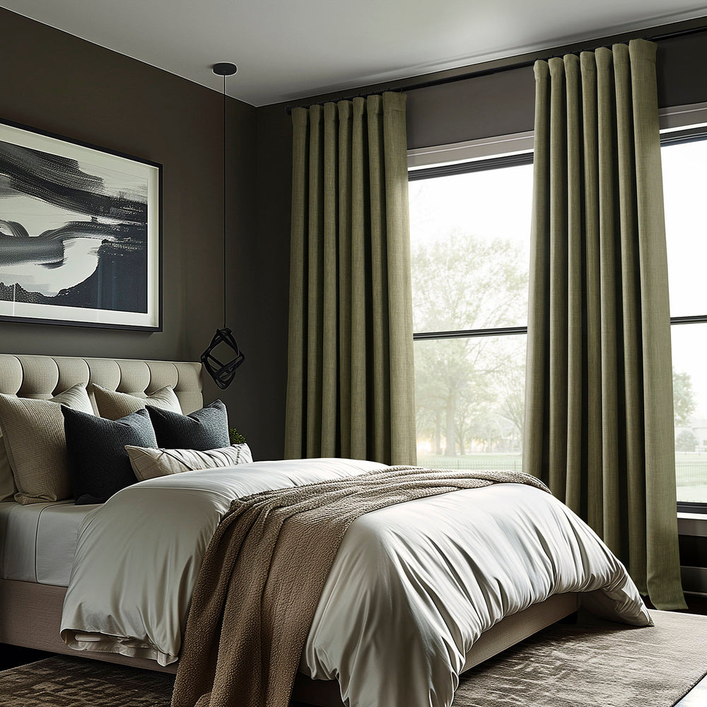 Khaki Green Textured Faux Linen Custom Curtain