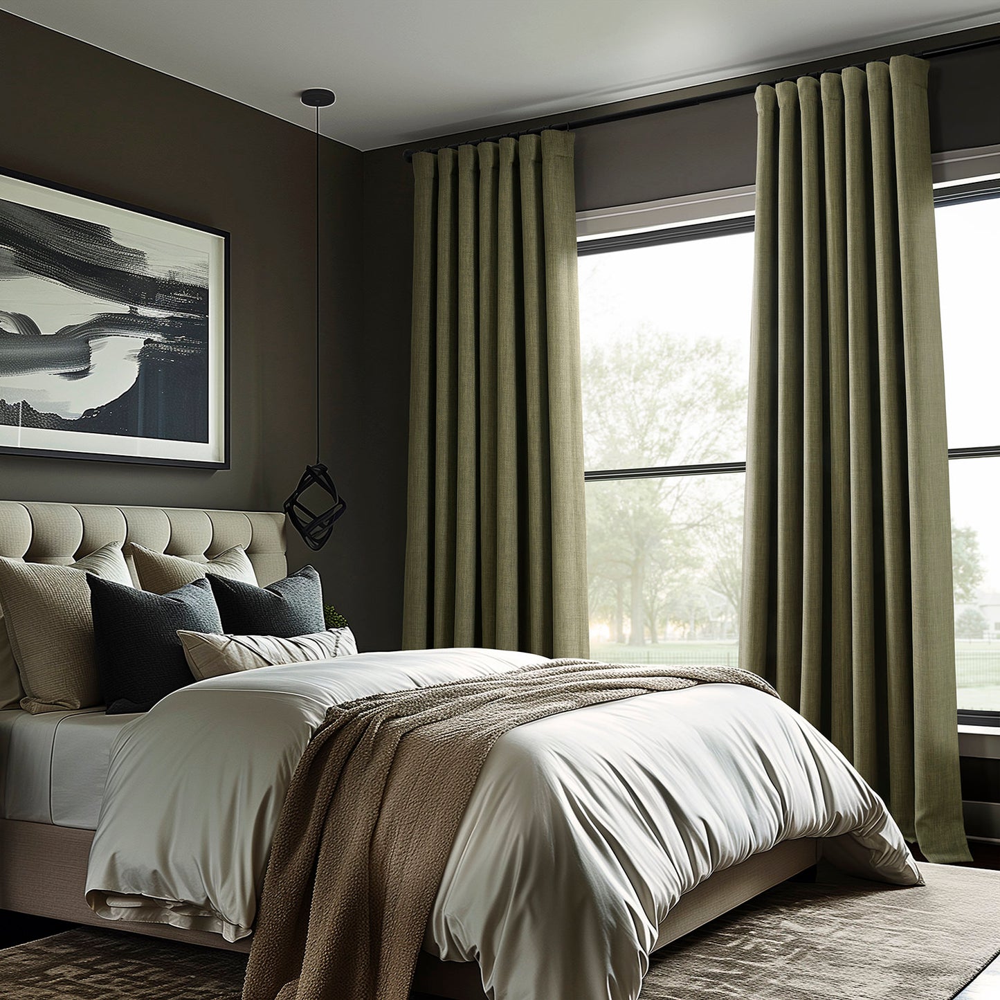 Khaki Green Textured Faux Linen Custom Curtain