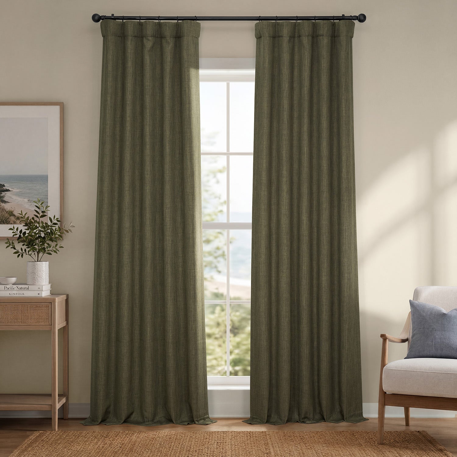 Khaki Green Textured Faux Linen Room Darkening Curtain