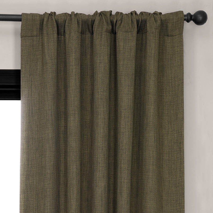 Khaki Green Textured Faux Linen Room Darkening Curtain