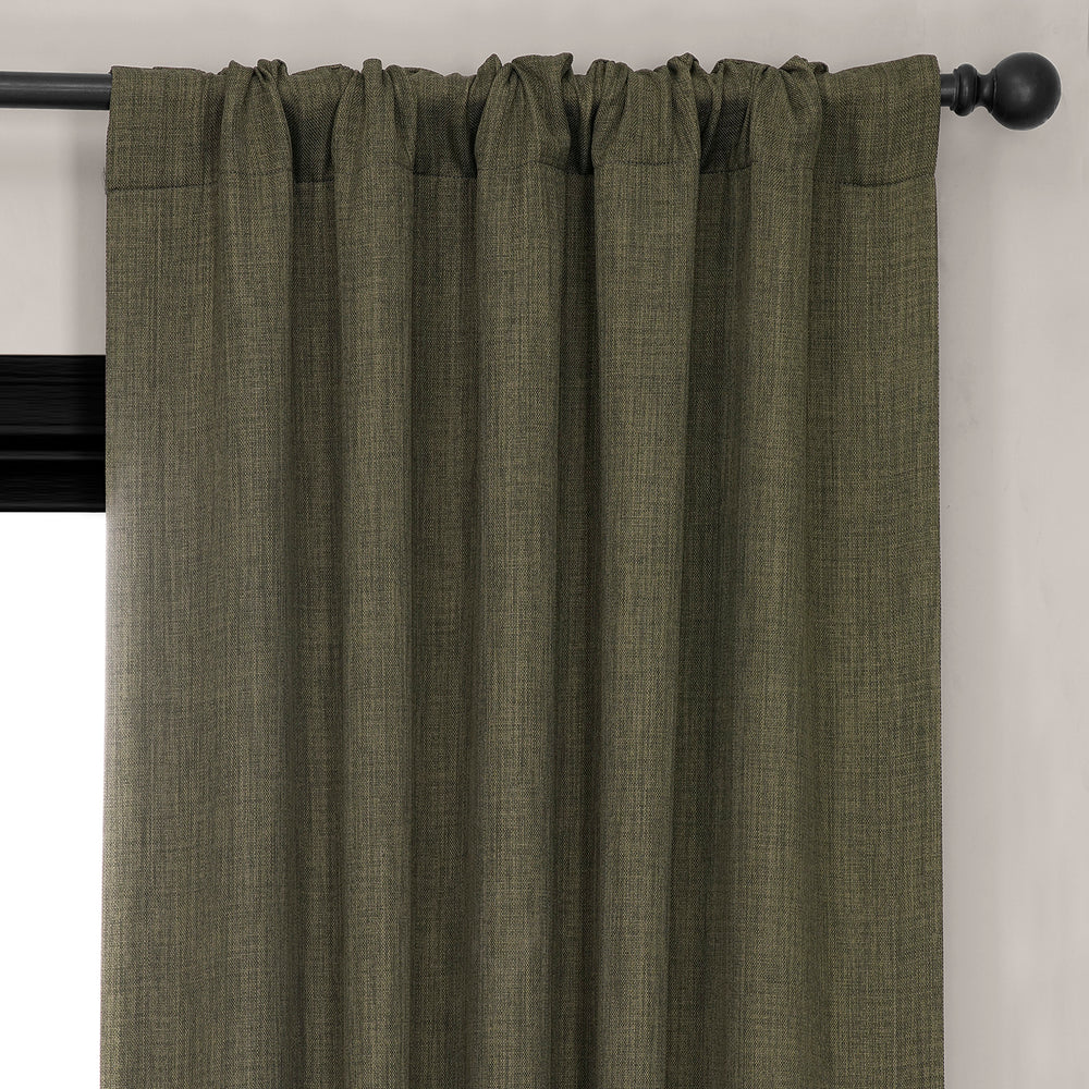 Khaki Green Textured Faux Linen Room Darkening Curtain