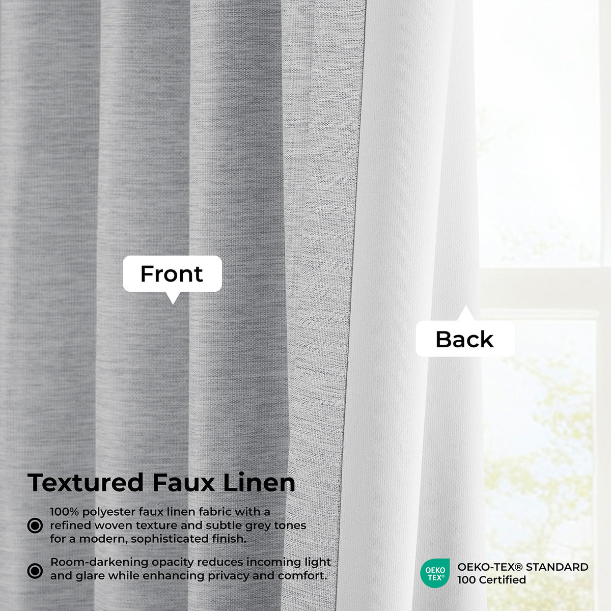 Vista Grey Bellino Textured Faux Linen Room Darkening Curtain