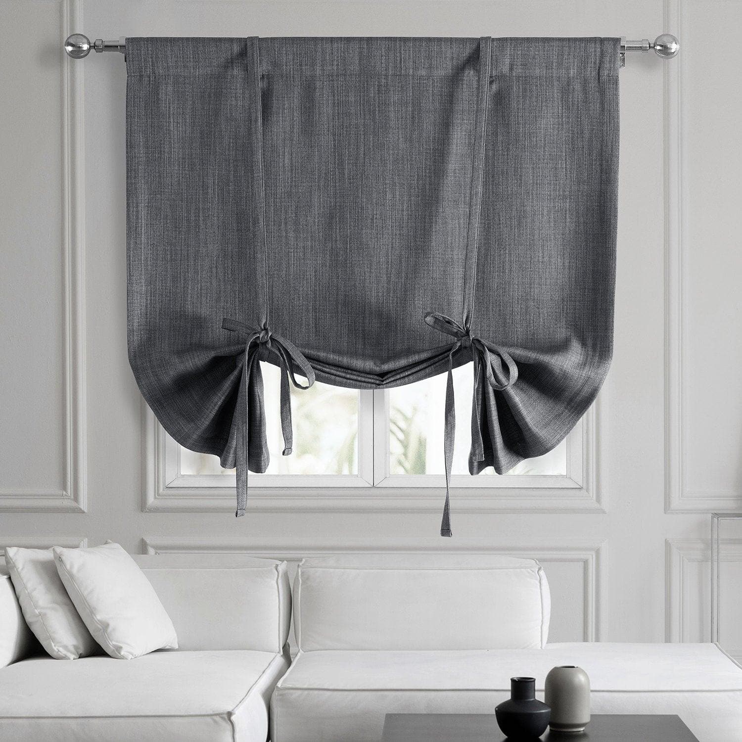 Dark Gravel Textured Faux Linen Tie-Up Window Shade - HalfPriceDrapes.com