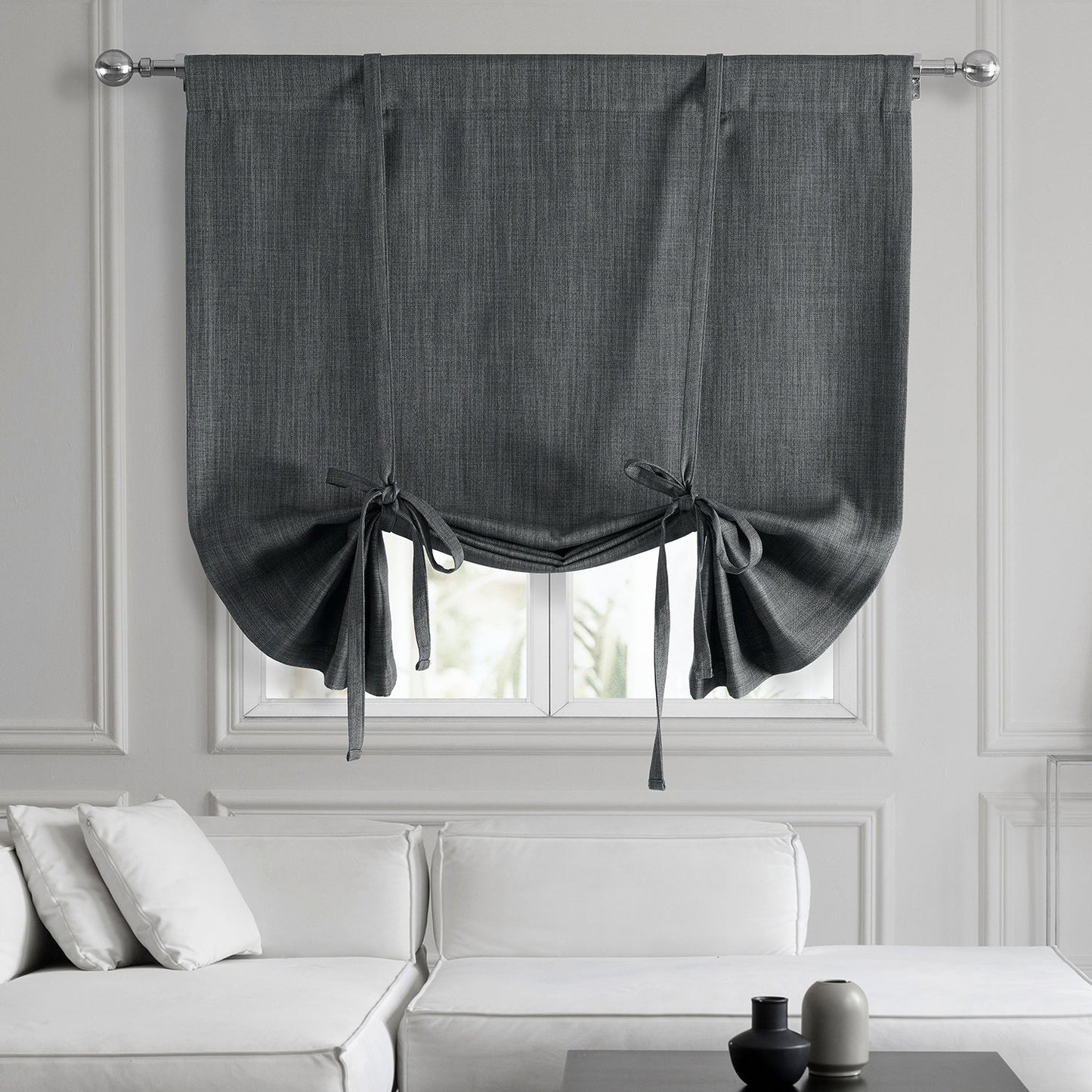 Dark Gravel Textured Faux Linen Room Darkening Tie-Up Window Shade