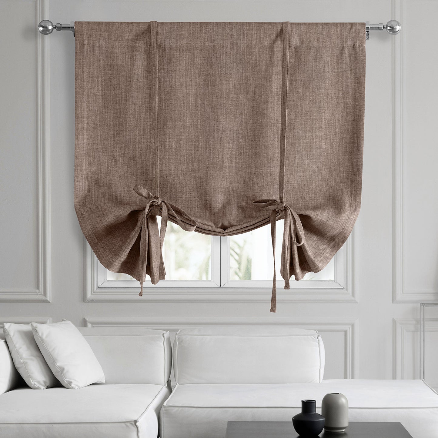 Dutch Cocoa Textured Faux Linen Room Darkening Tie-Up Window Shade