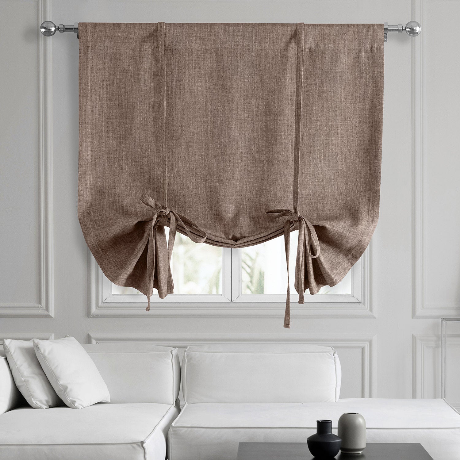 Dutch Cocoa Textured Faux Linen Room Darkening Tie-Up Window Shade
