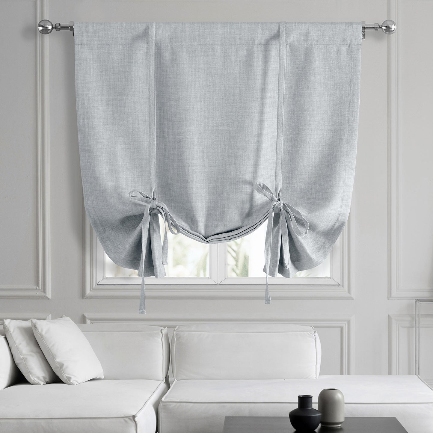 Heather Grey Textured Faux Linen Room Darkening Tie-Up Window Shade