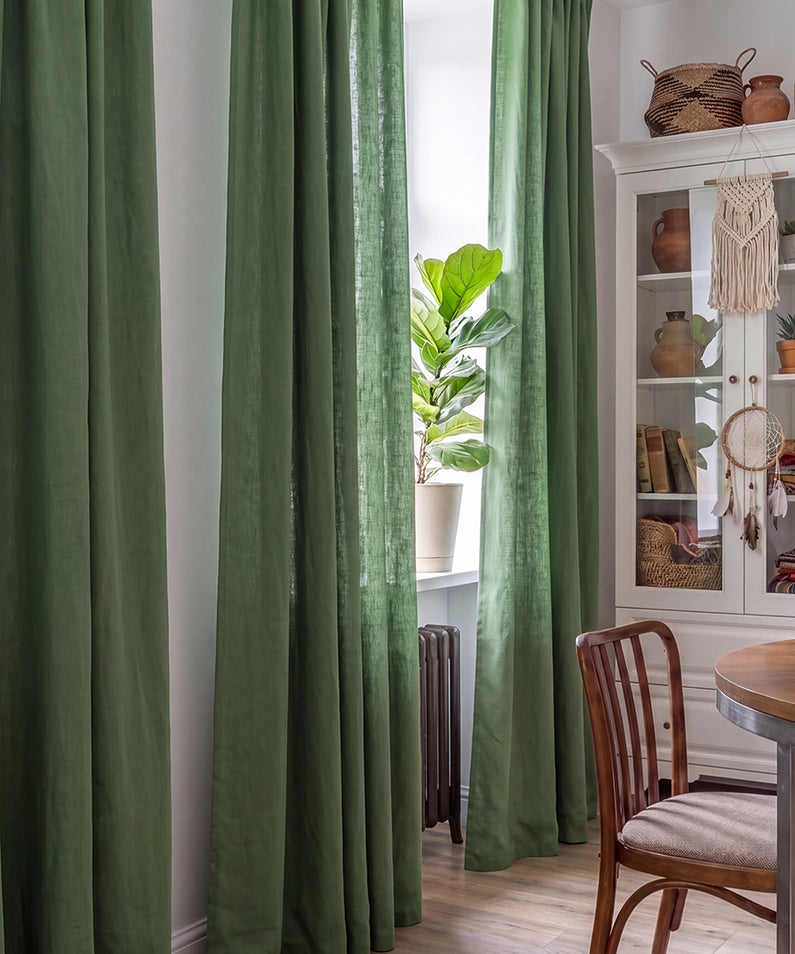 Ellis Pink: Bold pink geometric patterned curtains bring vibrant color and playful contrast to a bright, airy bedroom.