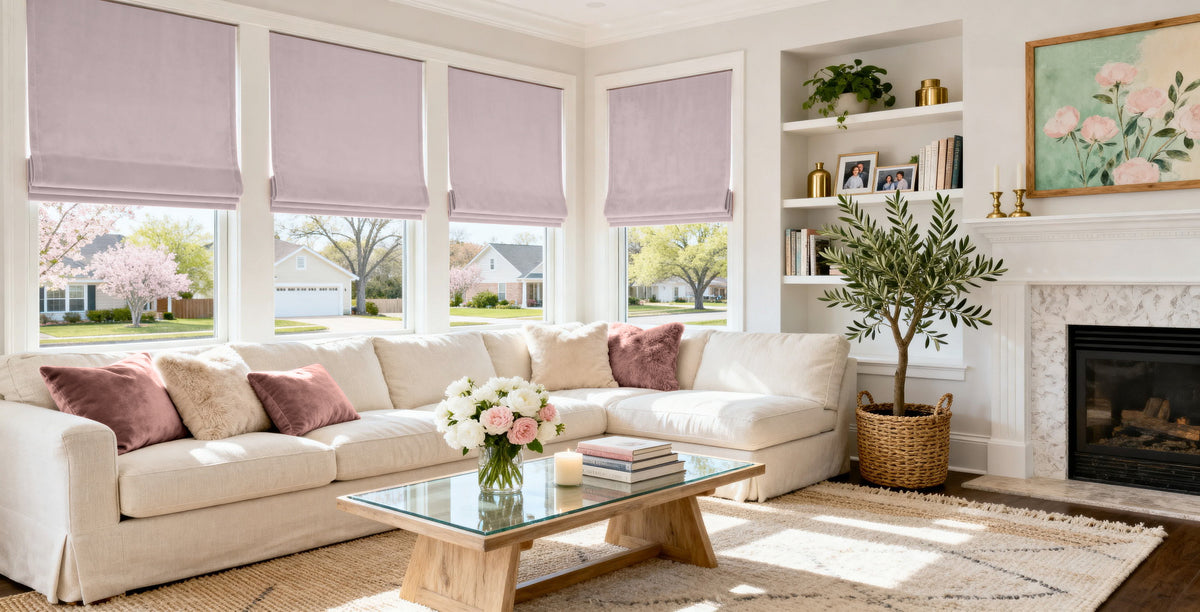 Soft velvet roman shades adding texture and warmth to a bright living room.