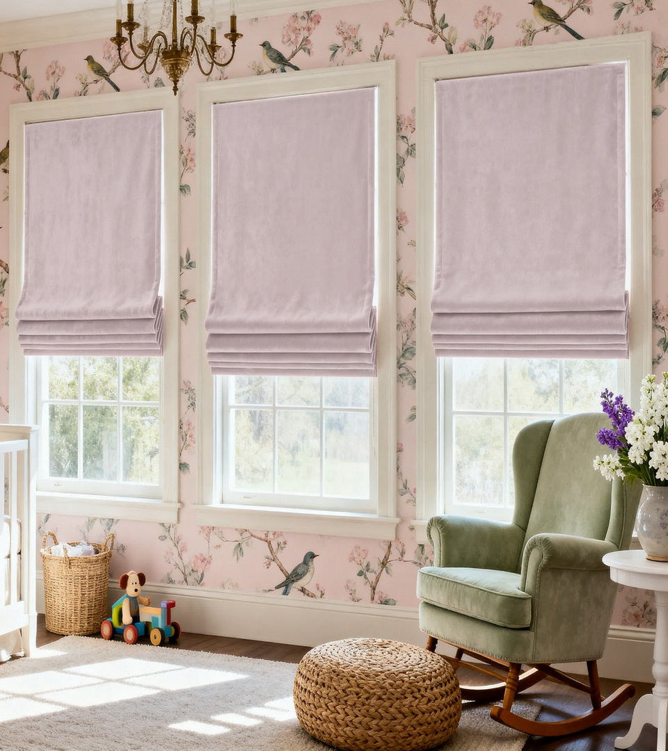 Soft, sweet, and effortlessly charming, these Ballet Pink Roman Shades bring a cozy elegance to any nursery or child's room. Their plush blush velvet fabric adds warmth and light-filtering privacy while creating a timeless backdrop that pairs beautifully with florals, soft neutrals, and classic décor.