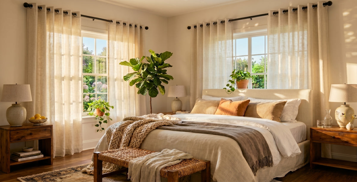 Barley heavy faux linen curtains filtering warm sunlight in a cozy neutral bedroom.