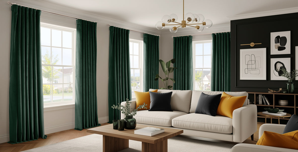 Deep forest green velvet curtains add rich color, luxurious texture, and dramatic sophistication to this contemporary living room. The plush velvet fabric creates elegant floor-to-ceiling lines, while the jewel-toned green beautifully complements the crisp white seating, black accent wall, and warm gold details for a bold yet inviting design.