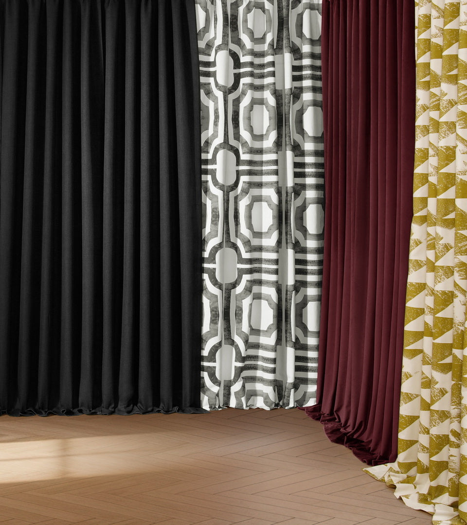 From left to right, crisp white sheer, solid black, charcoal gray geometric print, deep burgundy, and golden mustard geometric print curtains showcase a range of styles from timeless solids to bold contemporary patterns. This curated collection highlights versatile fabrics and rich color combinations, making it easy to create a statement or coordinate with any décor.