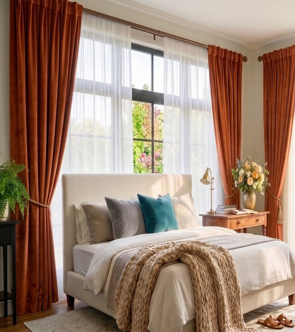 Warm, rich, and inviting, these Burnt Pumpkin velvet curtains bring cozy sophistication to the bedroom. Their luxurious texture and earthy terracotta hue add depth and warmth, while layered sheers soften natural light for a beautifully balanced, elegant retreat.