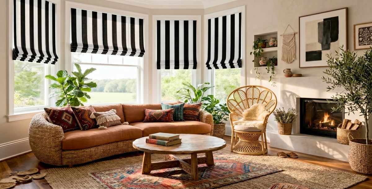 Custom striped roman shades showcasing premium construction and value.